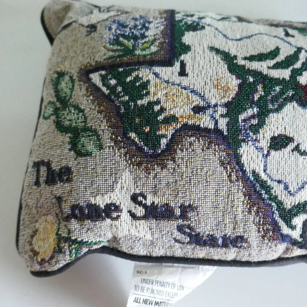 Texas decorative needlepoint pillow with map and things that represent TX